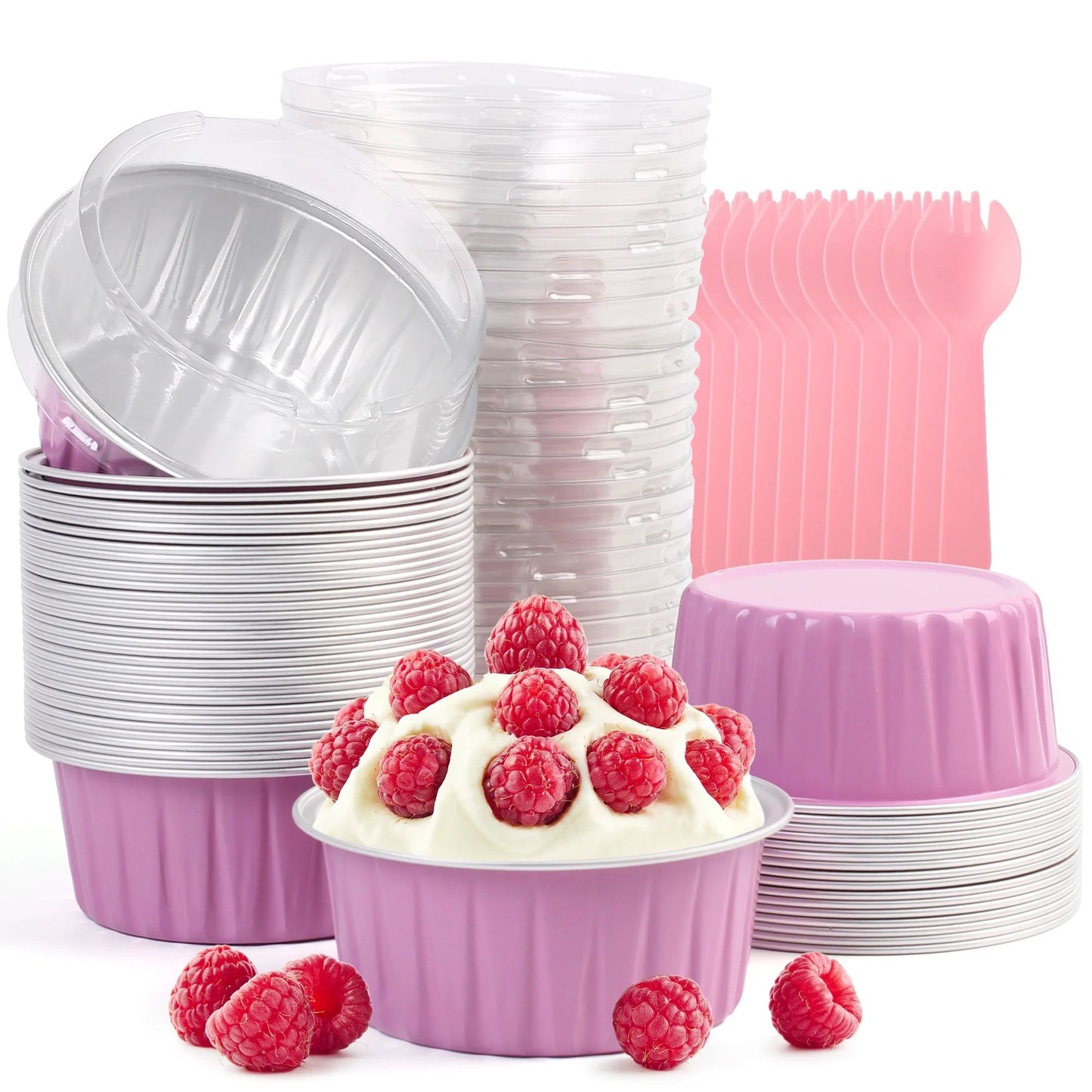 LotFancy Cupcake Liners with Lids 50pcs, 5 oz, Aluminum Foil Baking Cups, Mini Cake Pans, Pink