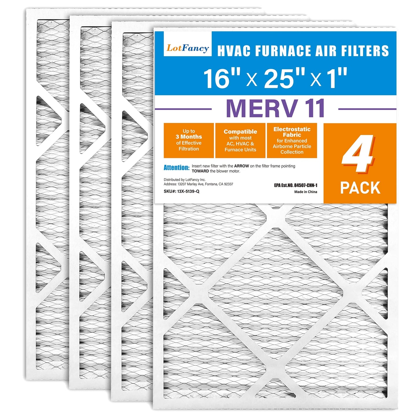 LotFancy 16x25x1 Air Filters, 4 Pack, MERV 11 Pleated HVAC AC Furnace Air Filters