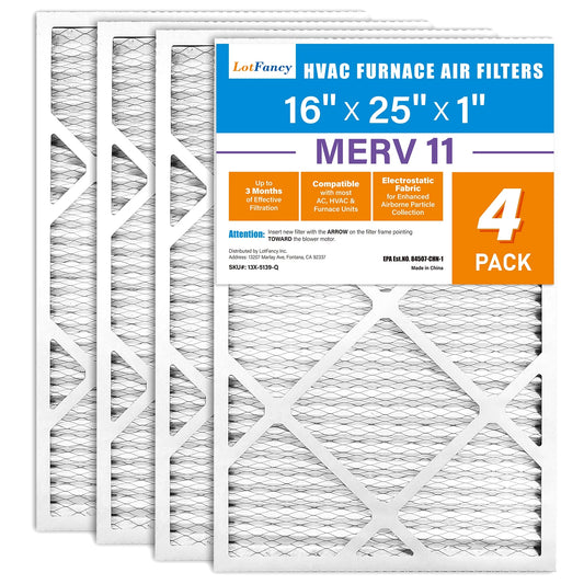 LotFancy 16x25x1 Air Filters, 4 Pack, MERV 11 Pleated HVAC AC Furnace Air Filters