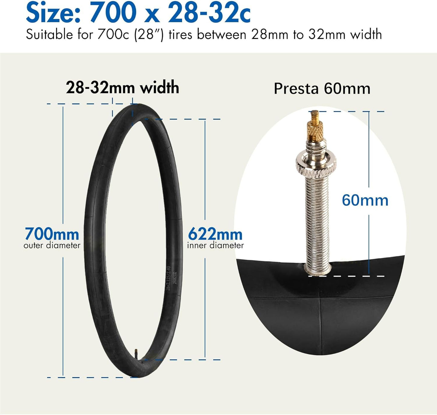 LotFancy 2Pcs 700 x 28C/30C/32C Bike Tubes for Road Mountain Bike with 2 Levers, 60mm Presta Valve