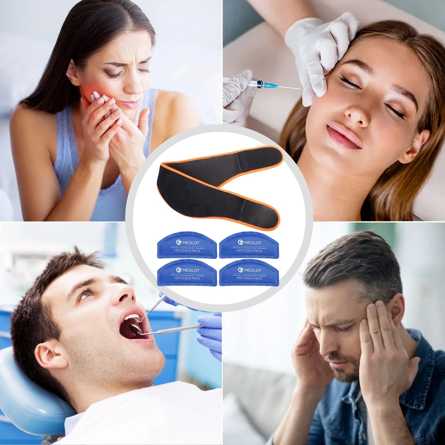 LotFancy Face Ice Pack Wrap with 4 Reusable Hot Cold Therapy Gel Packs for TMJ, Wisdom Teeth