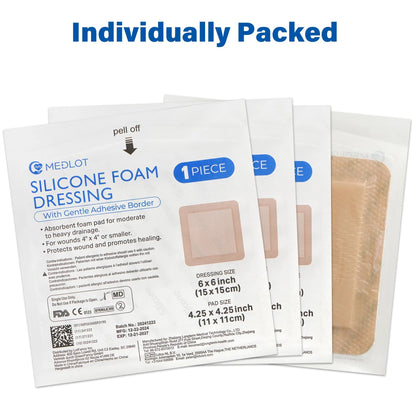 LotFancy Silicone Foam Dressing, 6x 6 in, 5 Count, Wound Dressing with Border, Bed Sores Bandage