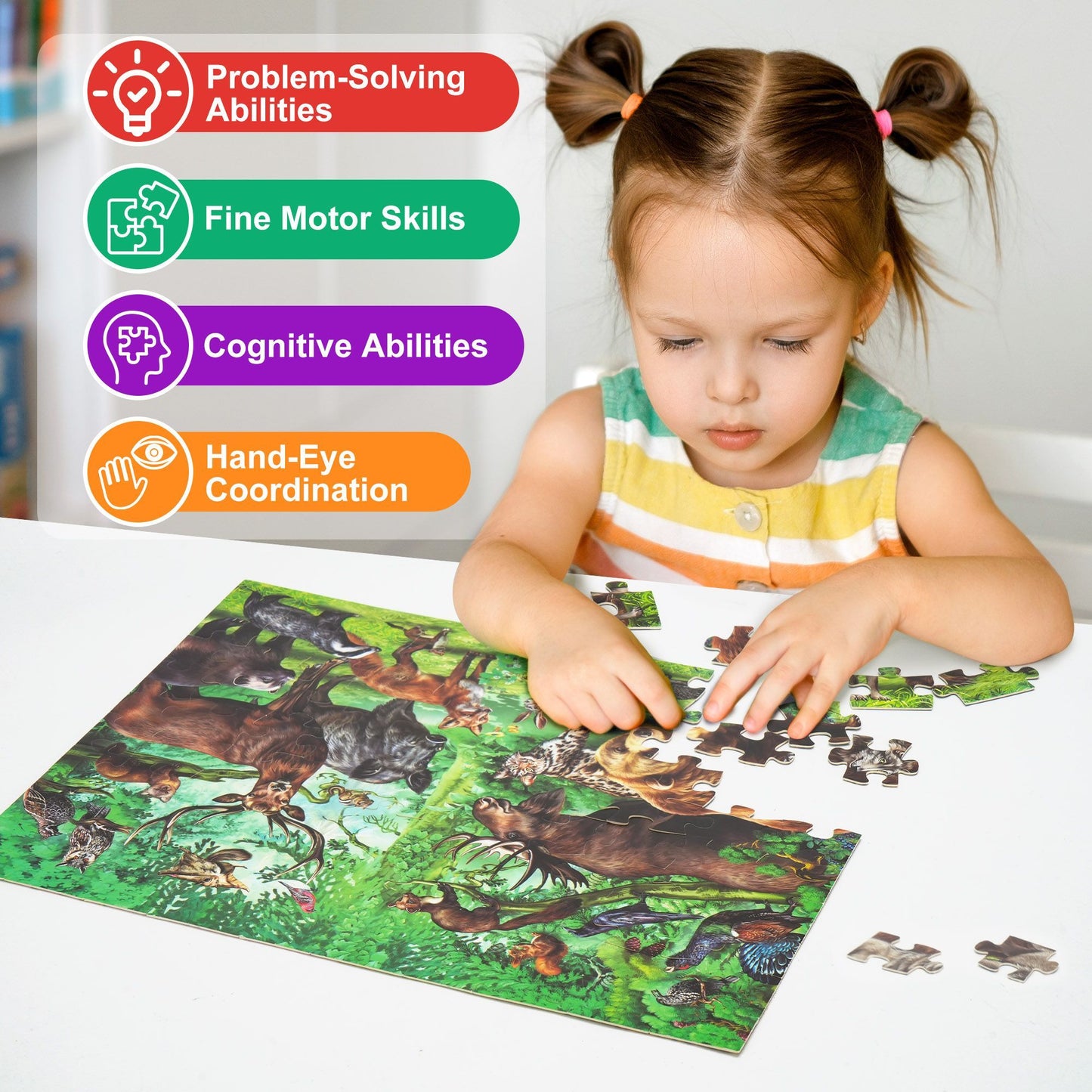 BenBen 100 Piece Double-Sided Jigsaw Puzzles for Kids 4-8, Jungle Animal Puzzle Toys for Girls, Boys