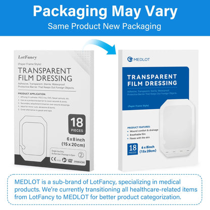 LotFancy Transparent Film Dressing, 6x8 inch, 18PCS, Waterproof Wound Adhesive Bandage Tape