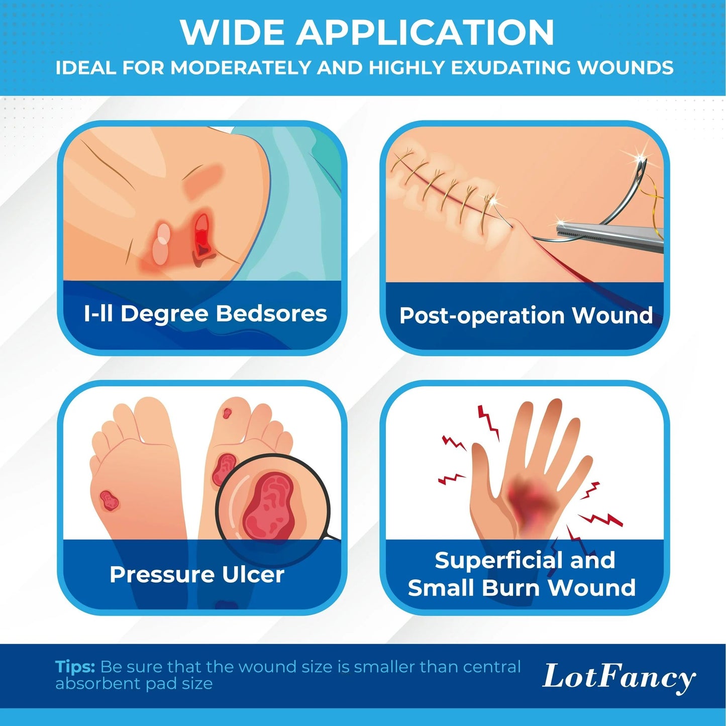 LotFancy Silicone Foam Dressing, 7"x 7", 5 Ct, Bordered Waterproof Sacral Wound Dressing