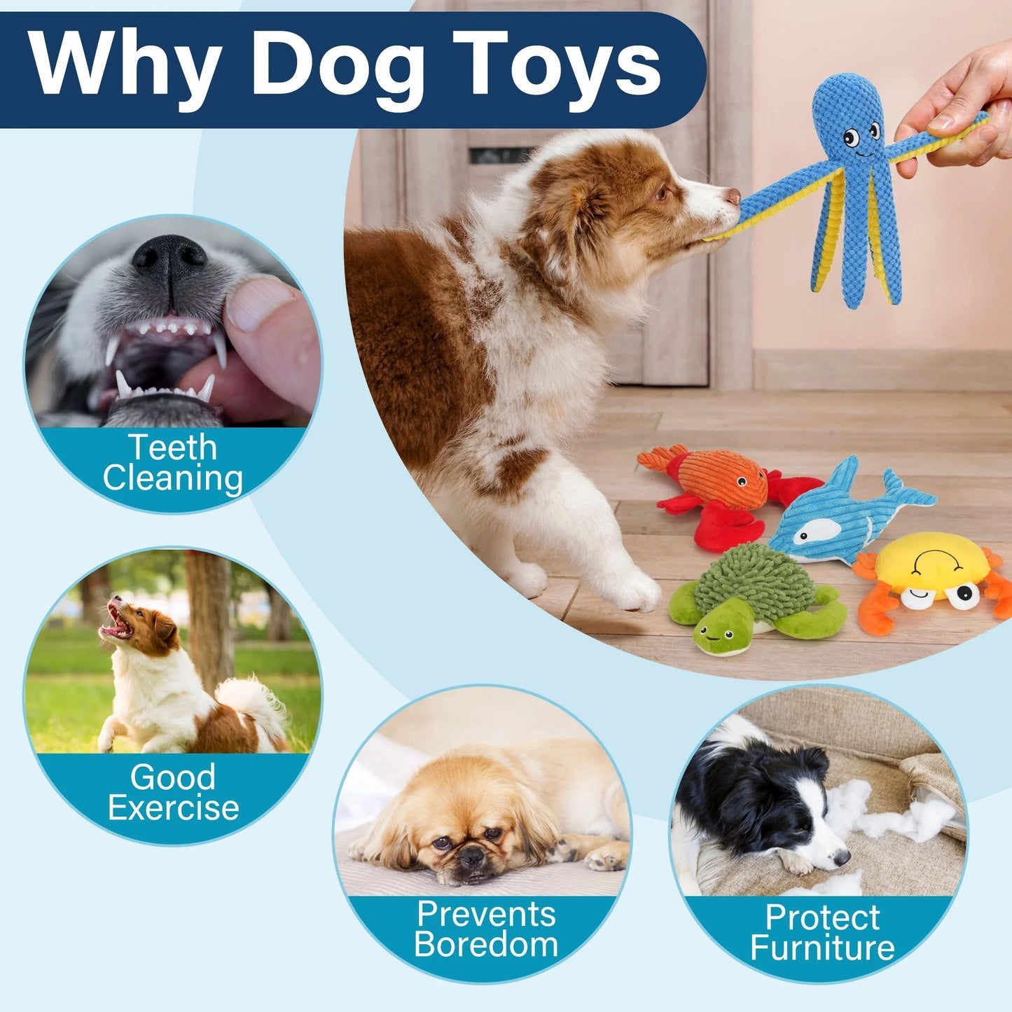 Prime Pets Dog Toys, 5pc Plush Ocean Animal Dog Squeaky Toy, Crinkle Pet Toy, Stuffed Puppy Chew Toys