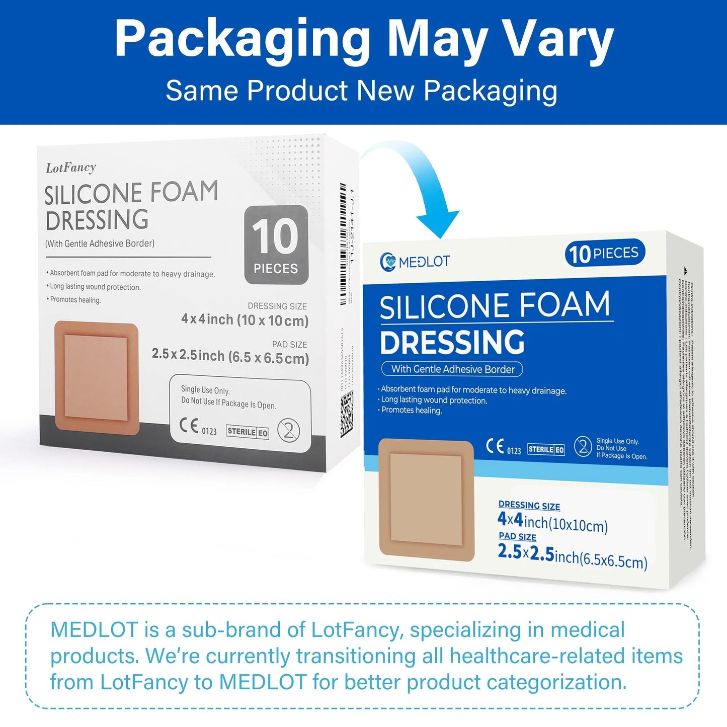 LotFancy Silicone Foam Dressing, 4x4 in, 10 Count, Adhesive Wound Dressing, Bed Sores Bandage