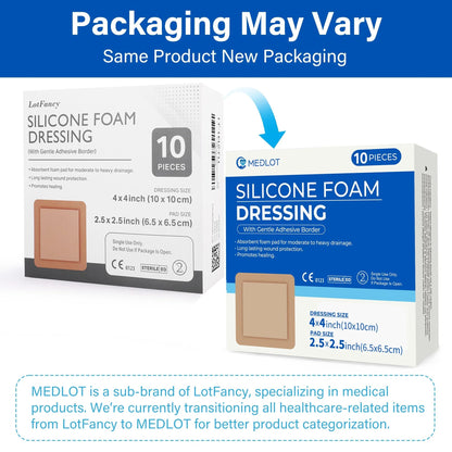 LotFancy Silicone Foam Dressing, 4x4 in, 10 Count, Adhesive Wound Dressing, Bed Sores Bandage
