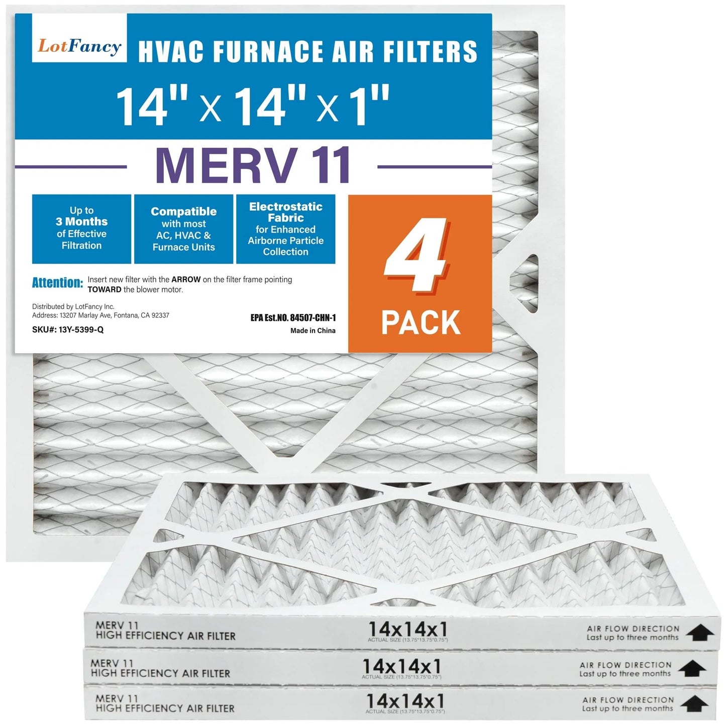 LotFancy 14x14x1 Air Filters, 4 Pack, MERV 8 Pleated HVAC AC Furnace Filters