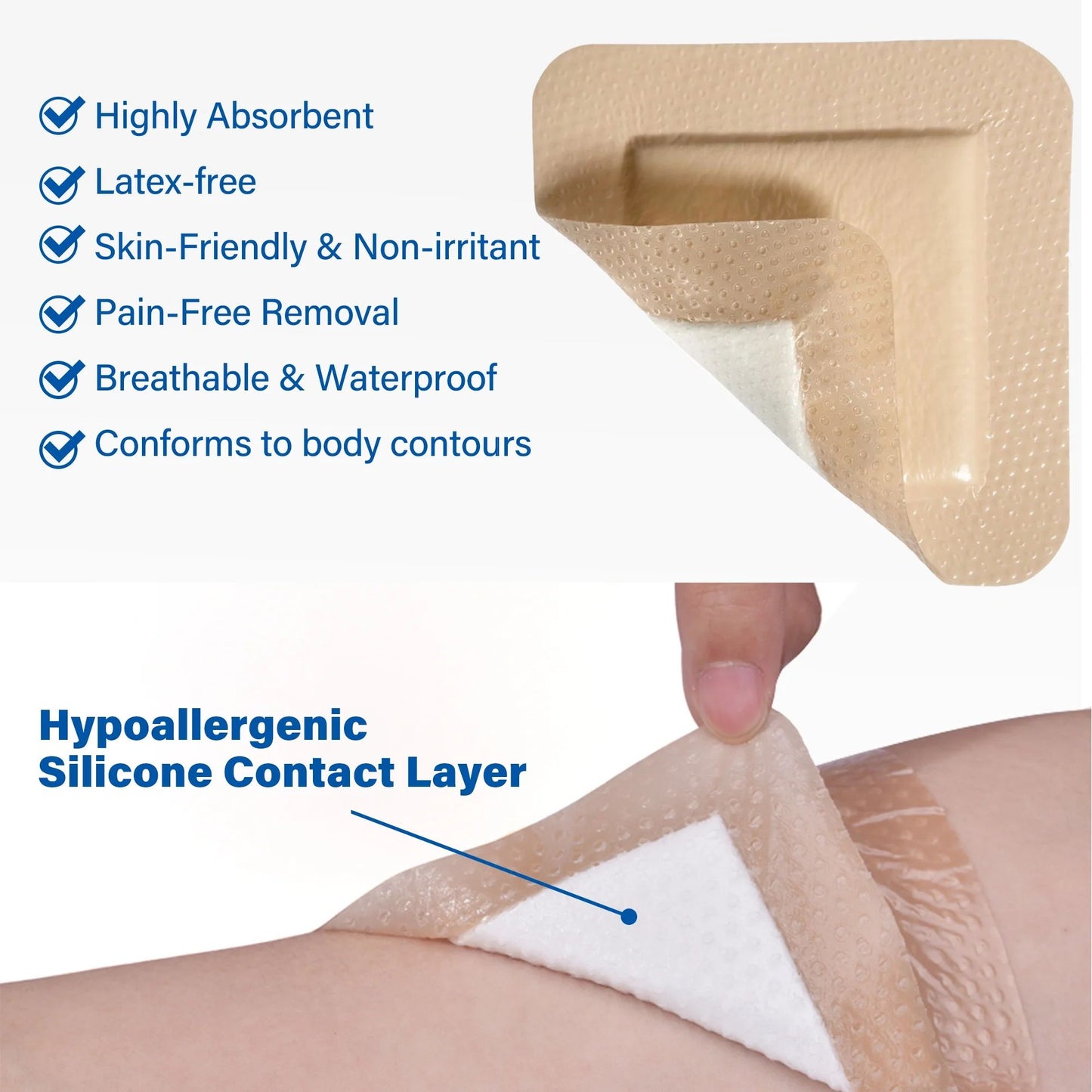 LotFancy Silicone Foam Dressing, 4x4 in, 5 Count, Adhesive Wound Dressing, Bed Sores, Wound Bandage