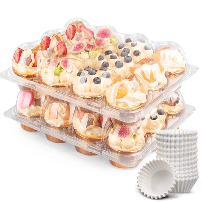 LotFancy Cupcake Carrier Holders, 12 Pack x 12 Sets, Clear Cupcake Containers, High Tall Dome Lid