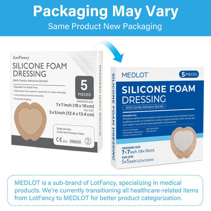 LotFancy Silicone Foam Dressing, 7"x 7", 5 Ct, Bordered Waterproof Sacral Wound Dressing