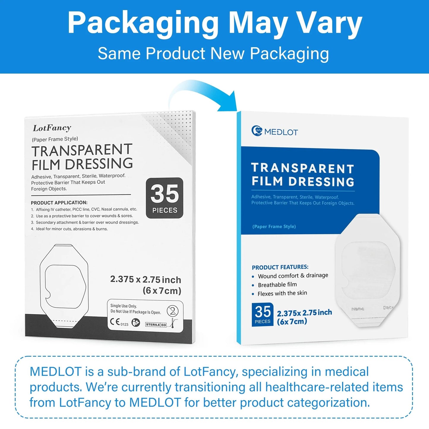 LotFancy Transparent Film Dressing 2.375" x 2.75", 35 Packs Waterproof Bandage for Post Surgical Shower, Tattoo Aftercare Bandage