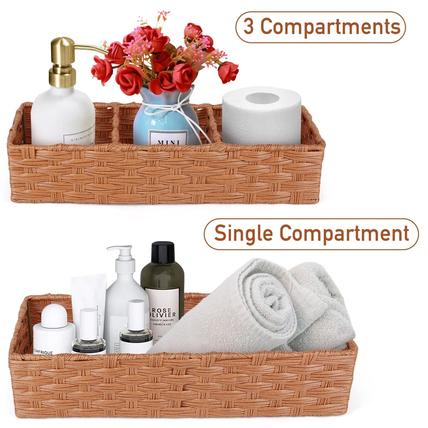 LotFancy Toilet Paper Storage Basket, 2 Pack Woven Wicker Toilet Tray Tank Topper Baskets,Brown