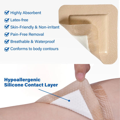 LotFancy Silicone Foam Dressing, 6x 6 in, 5 Count, Wound Dressing with Border, Bed Sores Bandage