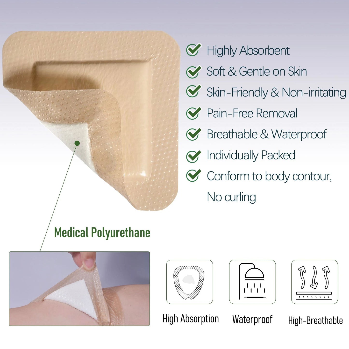 LotFancy Silicone Foam Dressing, 4x4 in, 10 Count, Adhesive Wound Dressing, Bed Sores Bandage