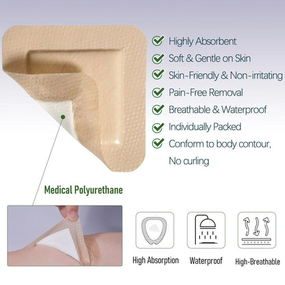 LotFancy Silicone Foam Dressing, 4x4 in, 10 Count, Adhesive Wound Dressing, Bed Sores Bandage