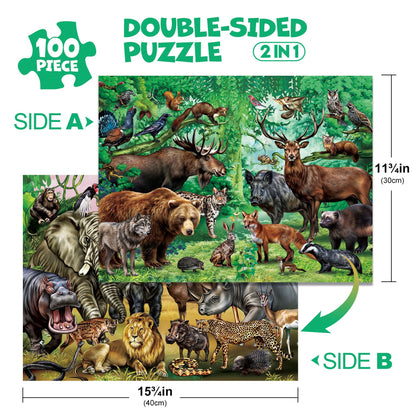 BenBen 100 Piece Double-Sided Jigsaw Puzzles for Kids 4-8, Jungle Animal Puzzle Toys for Girls, Boys