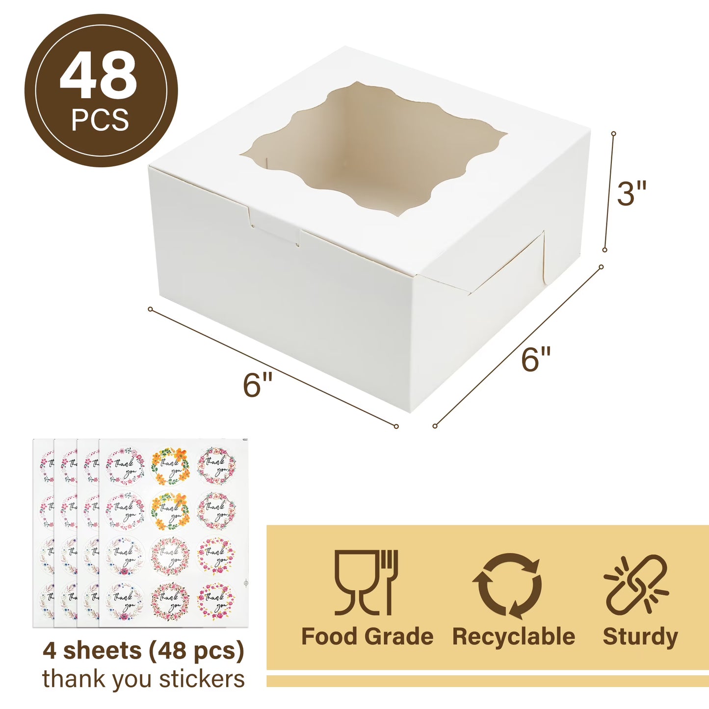 LotFancy 48 Pcs White Bakery Boxes with Window, 6x6x3 in Cookie Boxes, Mini Treat Boxes for Pastries