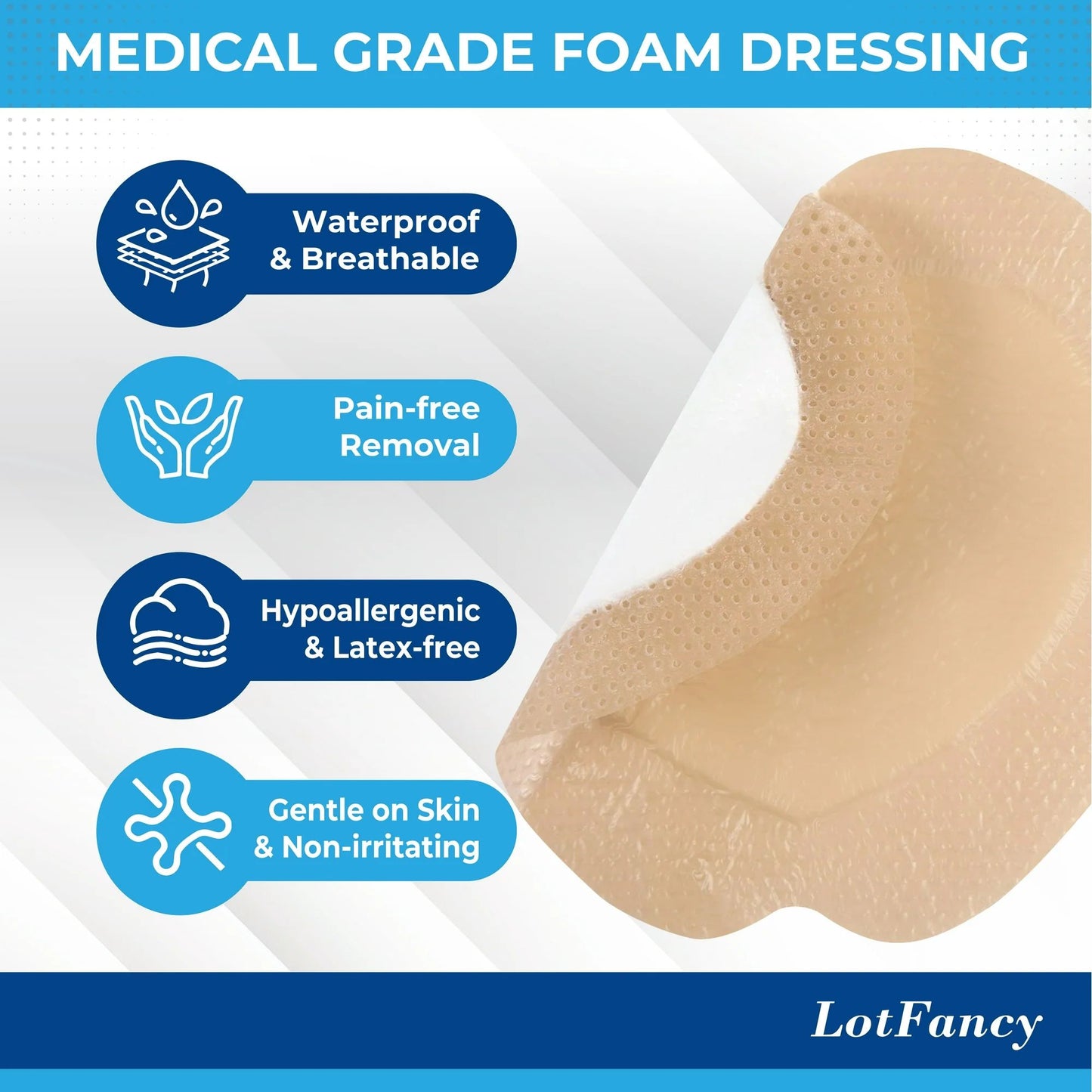 LotFancy Silicone Foam Dressing, 7"x 7", 5 Ct, Bordered Waterproof Sacral Wound Dressing