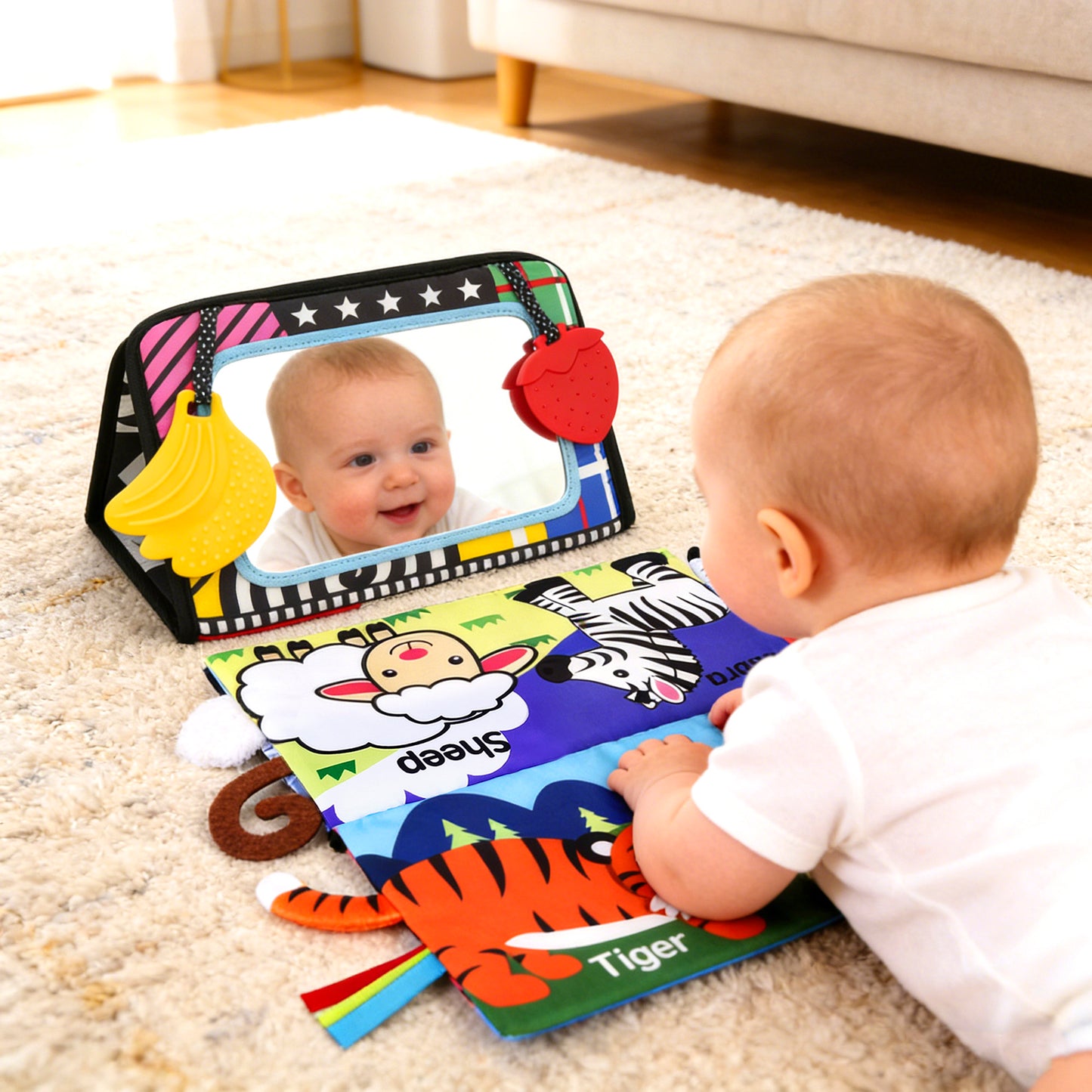 LotFancy Baby Tummy Time Mirror Toys, Crinkle Cloth Book Black and White High Contrast Infants Toys