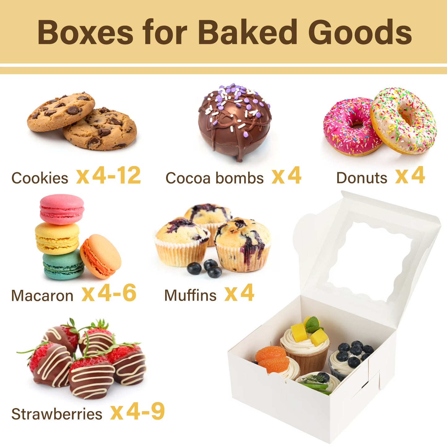 LotFancy 48 Pcs White Bakery Boxes with Window, 6x6x3 in Cookie Boxes, Mini Treat Boxes for Pastries