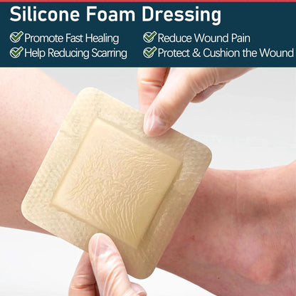 LotFancy Silicone Foam Dressing, 4x4 in, 10 Count, Adhesive Wound Dressing, Bed Sores Bandage