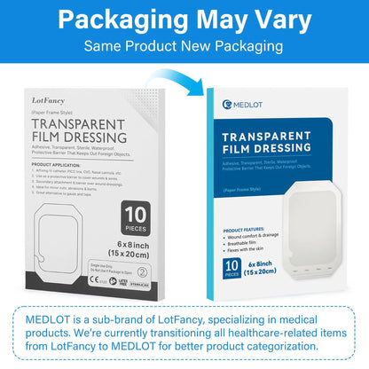 LotFancy Transparent Film Dressing, 6x8 inch, 10PCS, Waterproof Wound Adhesive Bandage Tape