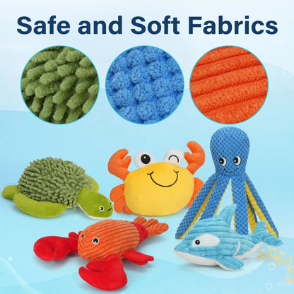 Prime Pets Dog Toys, 5pc Plush Ocean Animal Dog Squeaky Toy, Crinkle Pet Toy, Stuffed Puppy Chew Toys