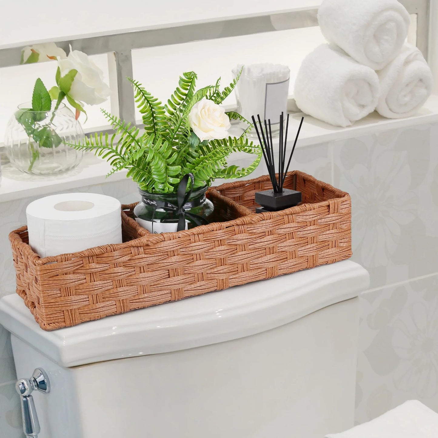 LotFancy Toilet Paper Storage Basket, 2 Pack Woven Wicker Toilet Tray Tank Topper Baskets,Brown