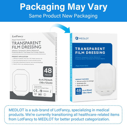 LotFancy Transparent Film Dressing, 4x4 3/4 in, 48 Count, Waterproof Adhesive Wound Bandage Tape