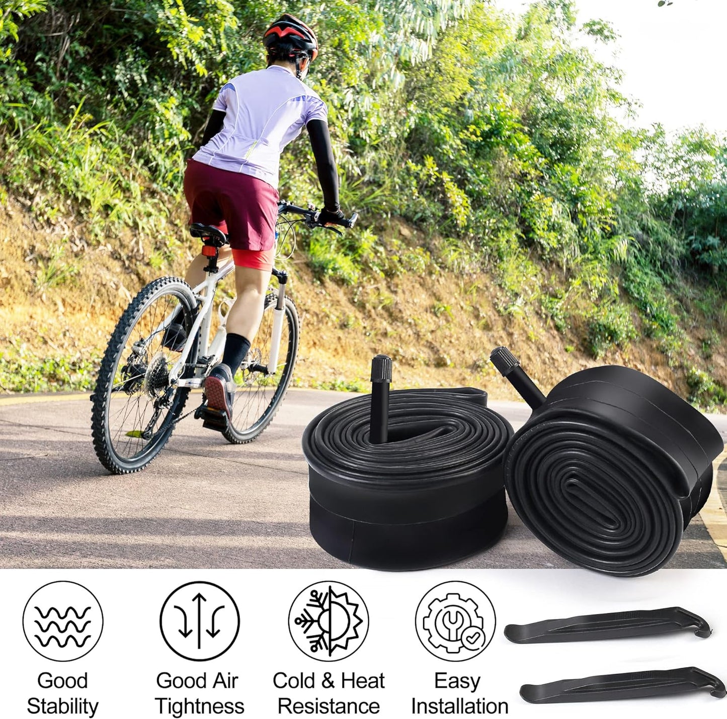 LotFancy 2 Pack 14"/16"/18"/20"/24"/26" x 1.75/1.95/2.10/2.125 Bike Tube, 32mm Schrader Valve, Butyl Rubber Tubes for Road Mountain Bike, Plus 2 Nylon Plastic Tire Levers