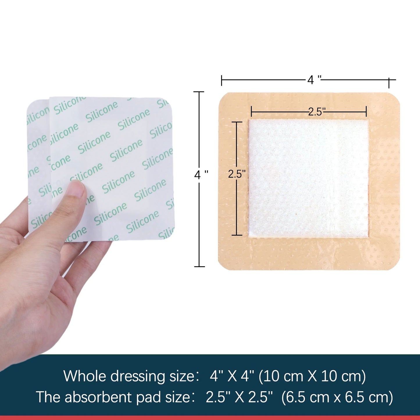 LotFancy Silicone Foam Dressing, 4x4 in, 10 Count, Adhesive Wound Dressing, Bed Sores Bandage