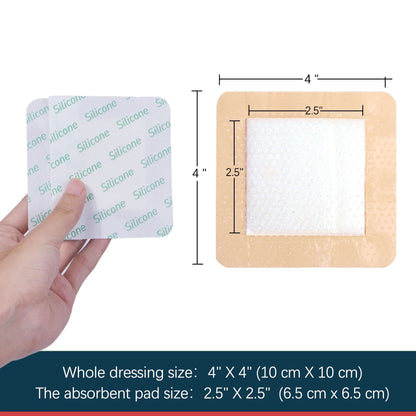 LotFancy Silicone Foam Dressing, 4x4 in, 10 Count, Adhesive Wound Dressing, Bed Sores Bandage