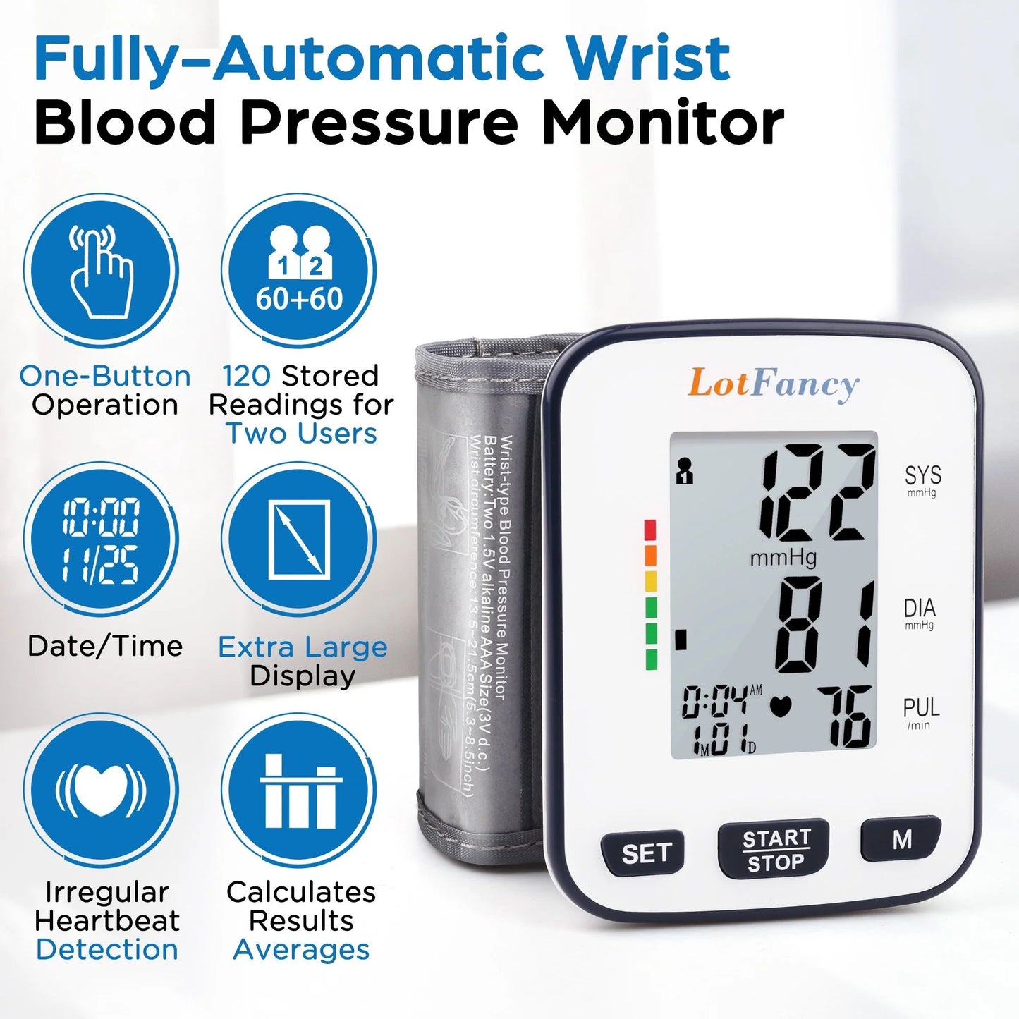 LotFancy Blood Pressure Cuff Wrist, Wrist Blood Pressure Monitor for Home Travel Use