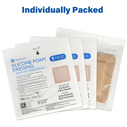 LotFancy Silicone Foam Dressing, 4x4 in, 5 Count, Adhesive Wound Dressing, Bed Sores, Wound Bandage