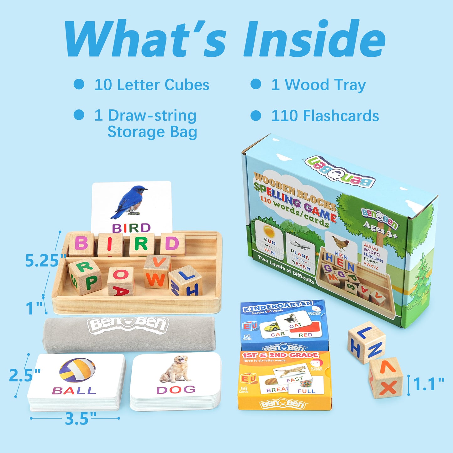 BenBen Educational Toys, Montessori Toys for 3 4 5 6 Years Old Kids, 110 Flash Cards CVC Word Builder WMT