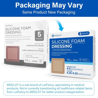 LotFancy Silicone Foam Dressing, 6x 6 in, 5 Count, Wound Dressing with Border, Bed Sores Bandage