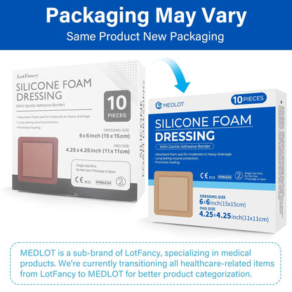 LotFancy Silicone Foam Dressing, 6x 6 in, 10 Count, Wound Dressing with Border, Bed Sores Bandage