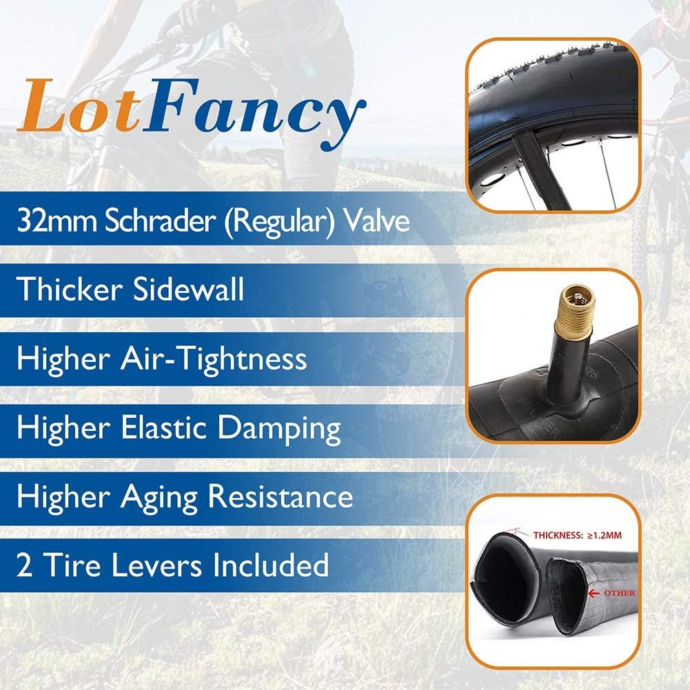 LotFancy 2 Pack 14"/16"/18"/20"/24"/26" x 1.75/1.95/2.10/2.125 Bike Tube, 32mm Schrader Valve, Butyl Rubber Tubes for Road Mountain Bike, Plus 2 Nylon Plastic Tire Levers