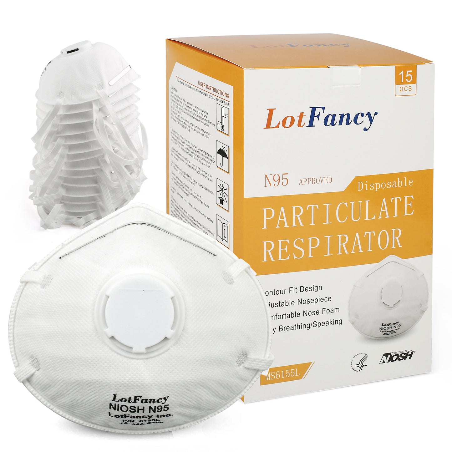 LotFancy N95 Mask, NIOSH Particulate Respirator, Face Mask for Construction, Cleaning, Air Filter Mask Anti Dust Particle