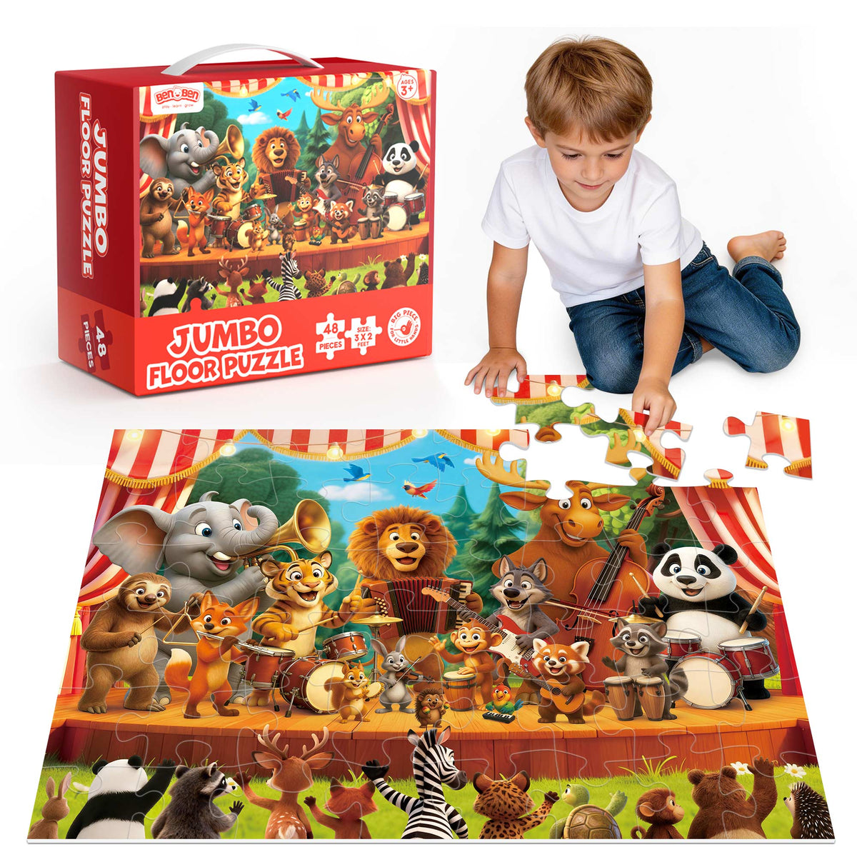 BenBen 48 Piece Puzzle for Kids Ages 3-6, Animal Concert 2 x 3 feet Jumbo Floor Puzzle for Toddlers