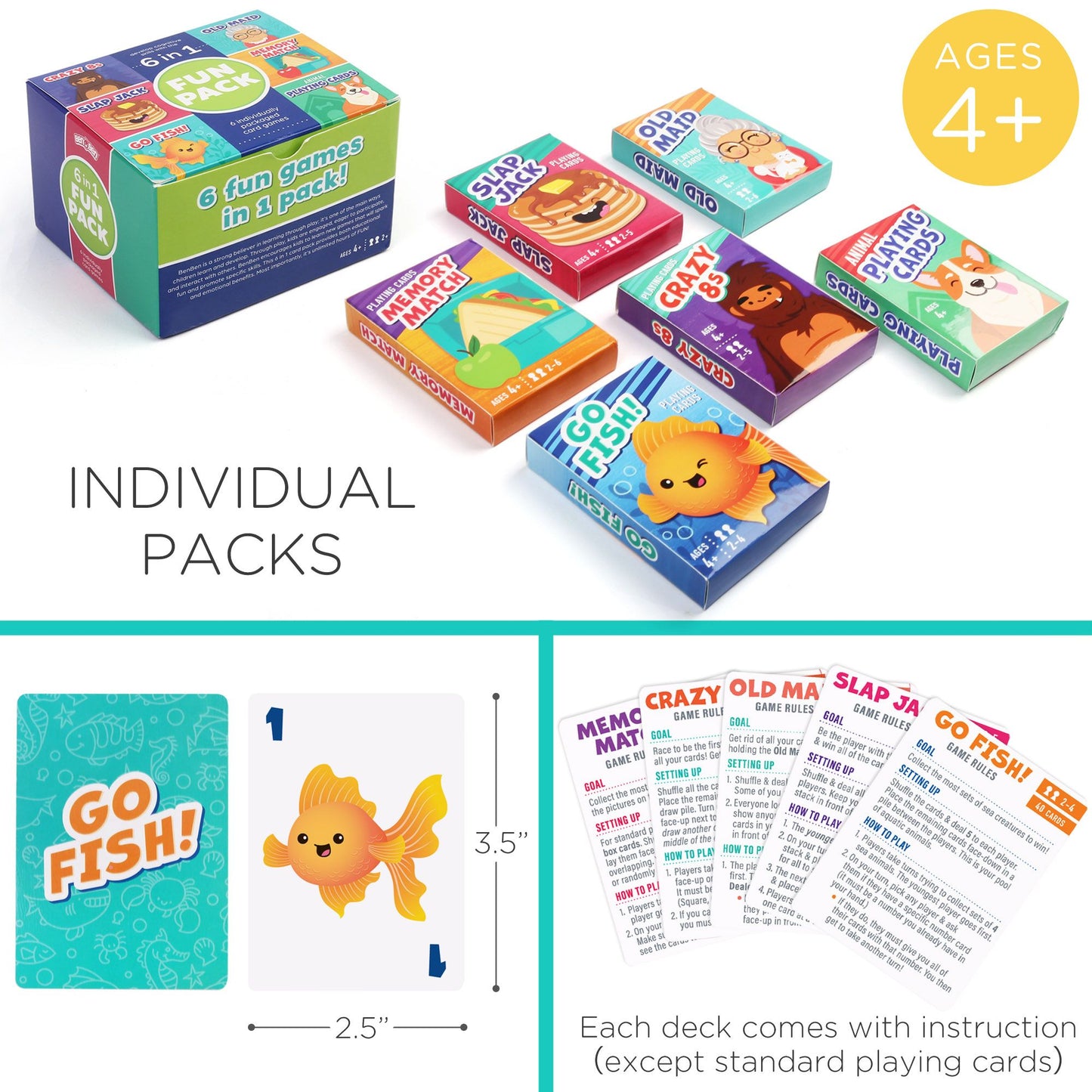 LotFancy Kids Card Games, 6 Decks, Include Go Fish, Old Maid, Crazy 8's , Memory Match, Slap Jack