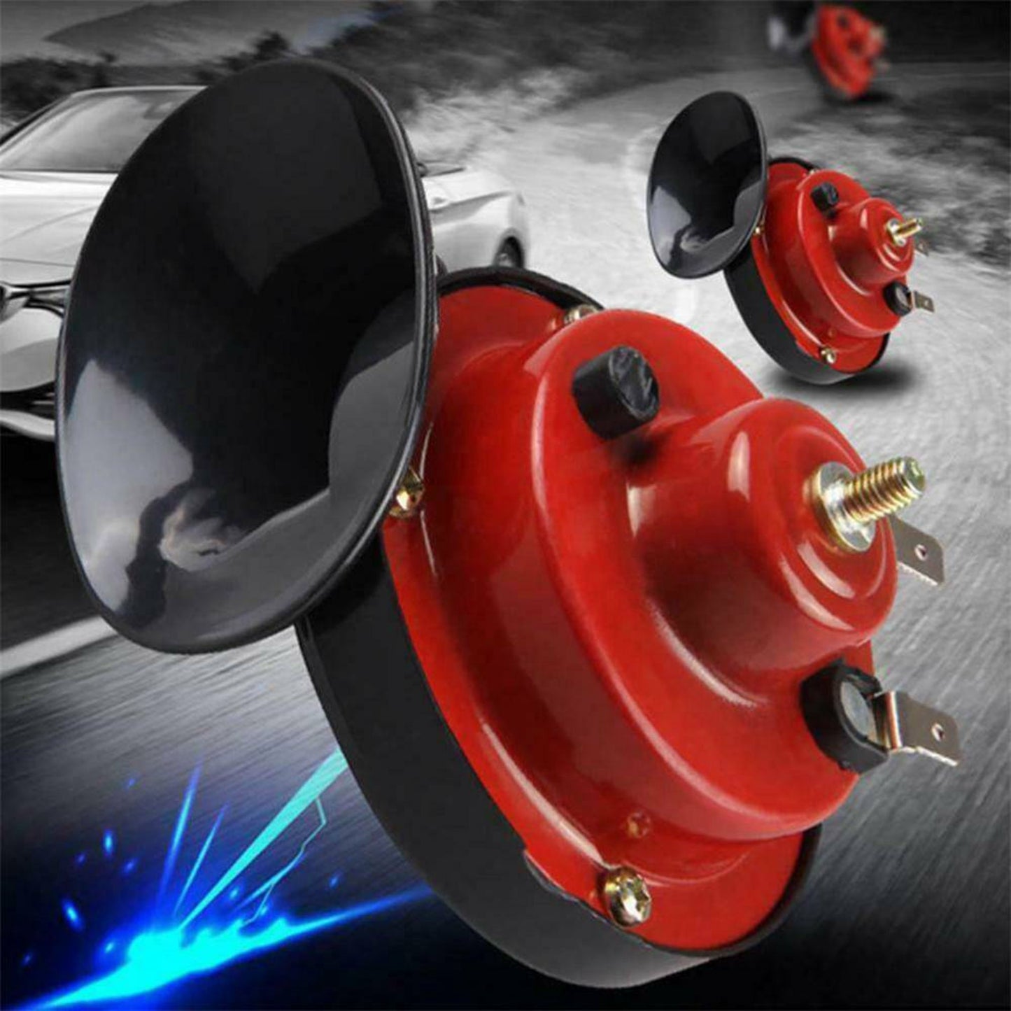 LotFancy 12V Horn for Motorcycle Car Truck SUV Boat, 300DB Super Loud, Red, Part Number ST-1018S