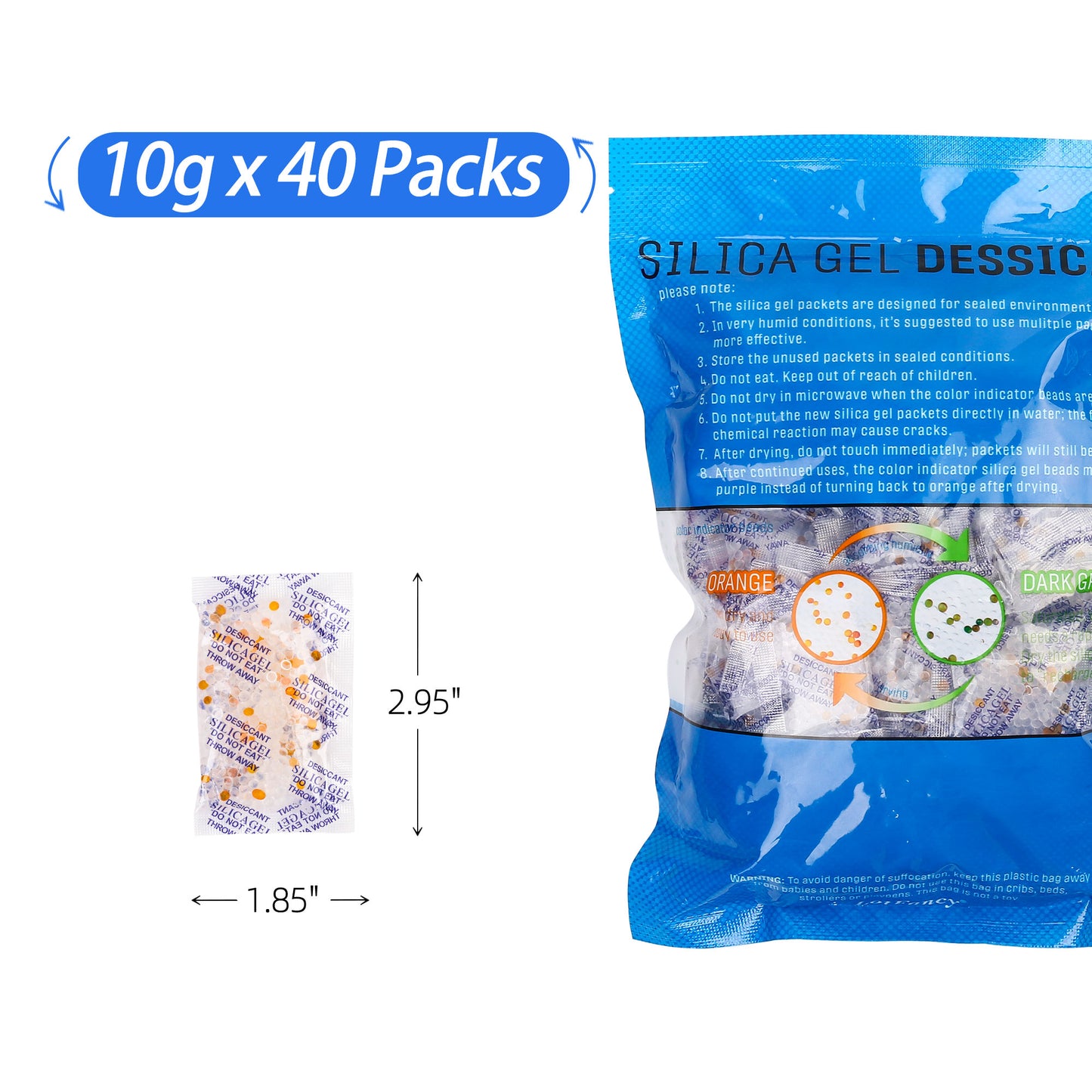 LotFancy Silica Gel Packs, 10 Gram 40 Packs, Indicating Food Safe Desiccant Packs
