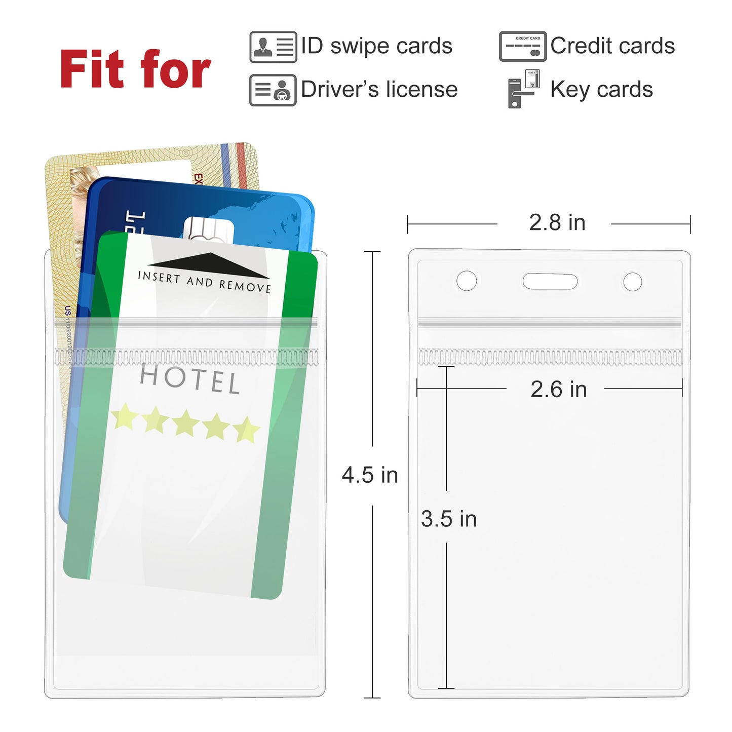 100PCS Vertical ID Badge Holders, Clear Plastic ID Card Holder with Waterproof Resealable Zipper, 1.0mm Extra Thickness, Fits RFID/Proximity/Badge Swipe Cards/Credit Card