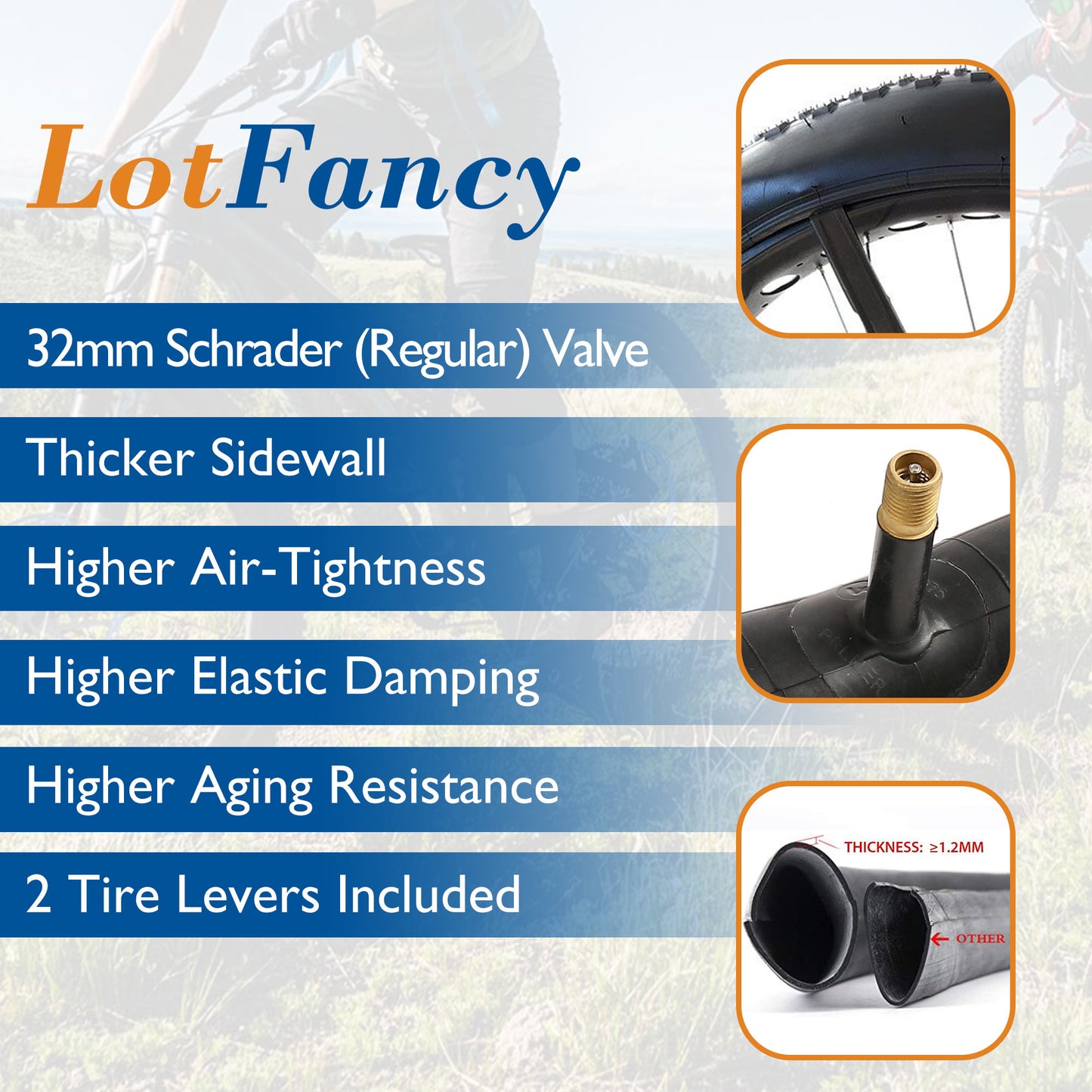 LotFancy 2Pcs 24 x 1.95/2.0/2.10/2.125 in Mountain Bike Tube, 32mm Schrader Valve, 2 Levers