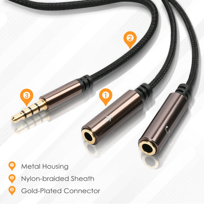 LotFancy Headphone Splitter, Pack of 2, Mic and Audio Y Splitter Cables, 3.5mm TRRS Male to Dual TRS Female Jack Adapter for Gaming Headset, PS4, Xbox One, PC, Smartphones, Tablet