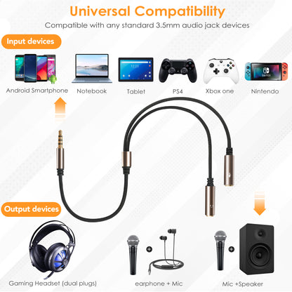 LotFancy Headphone Splitter, Pack of 2, Mic and Audio Y Splitter Cables, 3.5mm TRRS Male to Dual TRS Female Jack Adapter for Gaming Headset, PS4, Xbox One, PC, Smartphones, Tablet