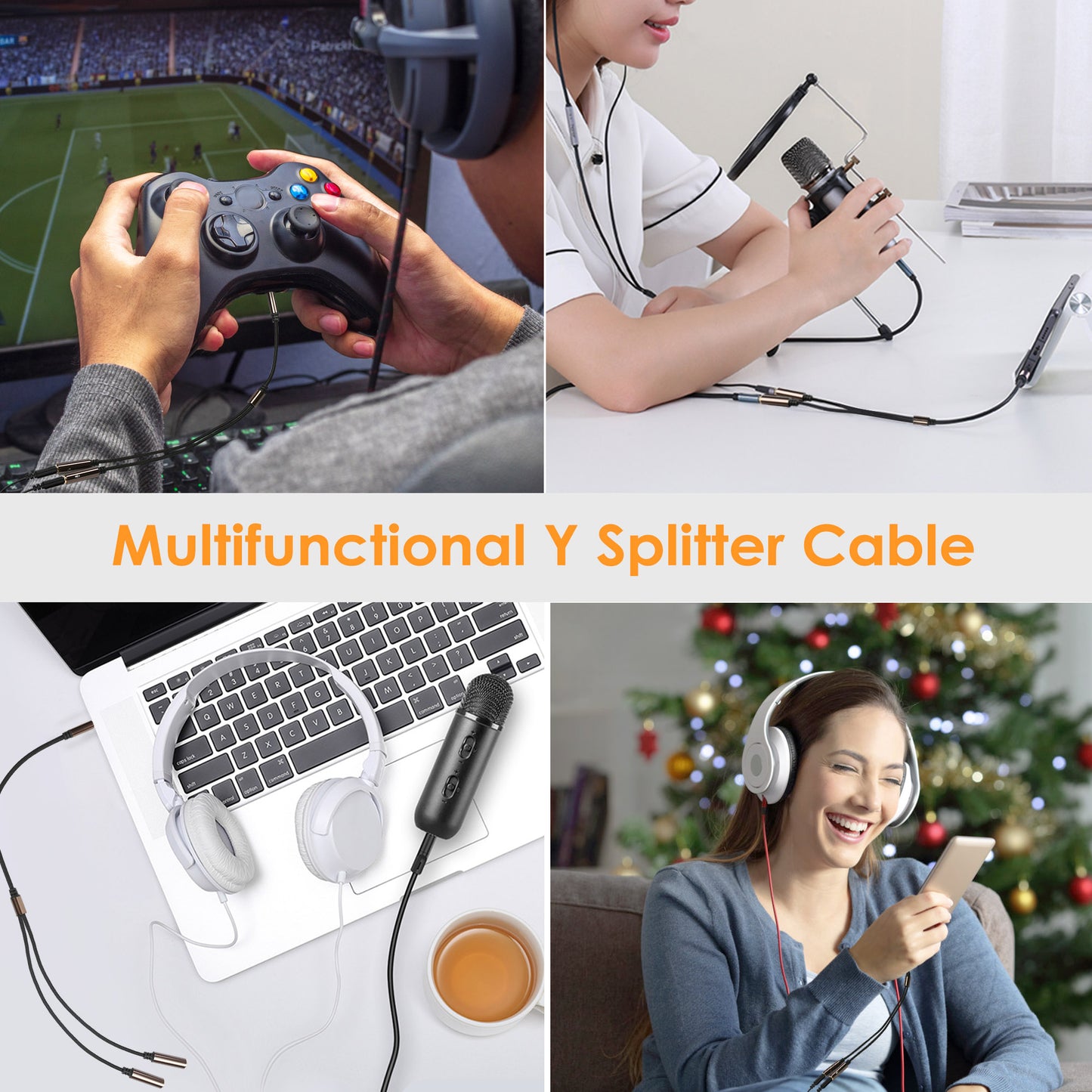 LotFancy Headphone Splitter, Pack of 2, Mic and Audio Y Splitter Cables, 3.5mm TRRS Male to Dual TRS Female Jack Adapter for Gaming Headset, PS4, Xbox One, PC, Smartphones, Tablet